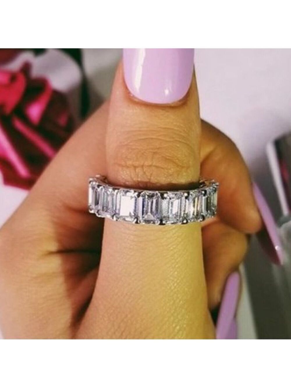 925 Silver Baguette Diamond Full Eternity Ring Size 7